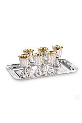 Komplet srebrnych kieliszków do wódki 6 sztuk na tacy