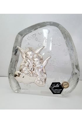 Posrebrzany obrazek z kryształem Aniołki z Dzieckiem Huta Julia  skałka
