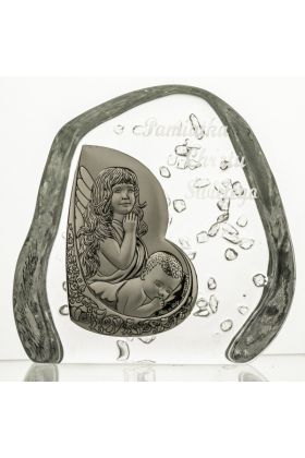 Posrebrzany obrazek z kryształem Aniołek z Dzieckiem Kryształ skałka