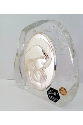 Posrebrzany obrazek z kryształem Matka Boska z Dzieckiem Huta Julia 