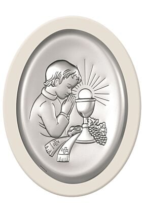 Pamiątka I Komunii Święej.Srebrny obrazek dla chłopca.