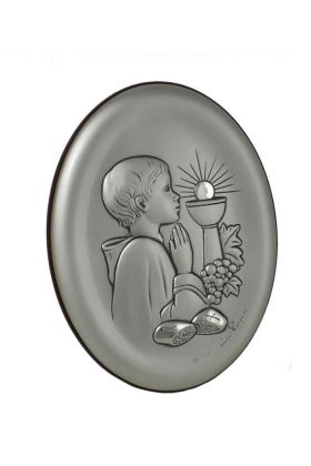 Srebrny obrazek pamiątka z komunii dla chłopca